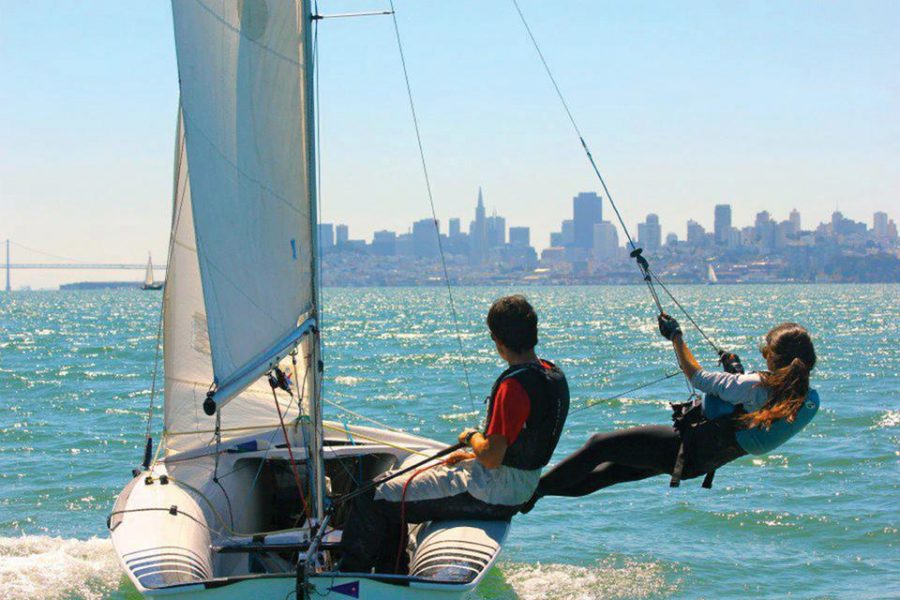 HANGING OUT: Vangelos and junior Tris Craig sail on San Francisco Bay, enjoying beautiful weather and the view of the city. Photo by: Sam Gates