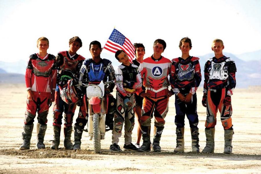 LINEUP: Tam students including Kroeksak Onchan (on bike), Max Schank (to Onchans left), Mike Krakauer (third from right), and Orie Johnson-Young (second from right), travel with friends to the Nevada desert to ride.