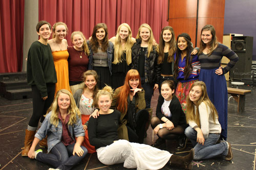GIRL POWER: Director and cast of CTE’s Julius Caesar pose for a photo during rehearsals. Photo by Emma Talkoff.