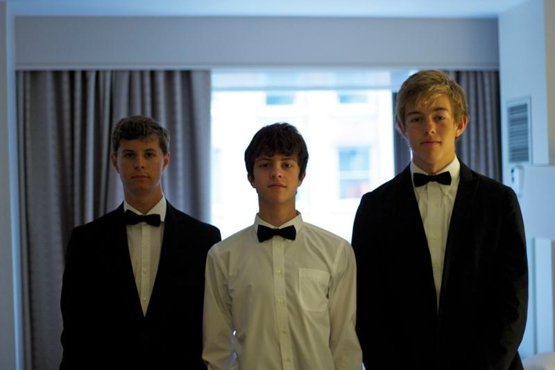  Juniors Julian Del Castillo, Xan Harris and Dillon Schow (from left) get suited up for the competition. “I felt nervous, but prepared,” Harris said of the morning before the competition. 