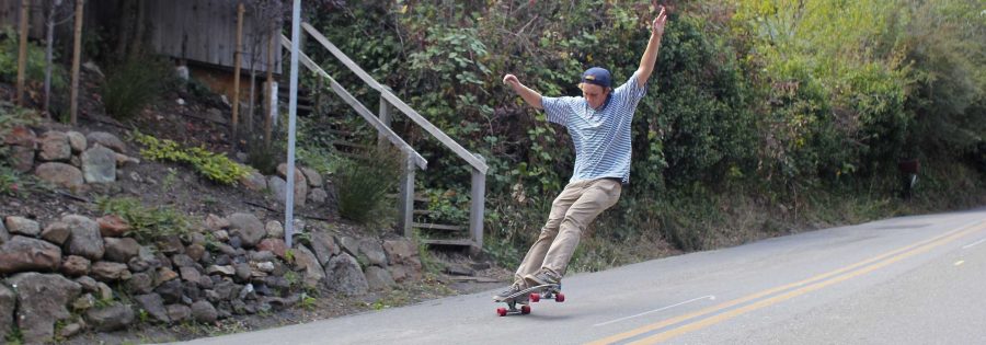  Senior Albert Strietmann rides one of the boards he made for Overland Boards, the company he started with alumnus Spencer Peterson.