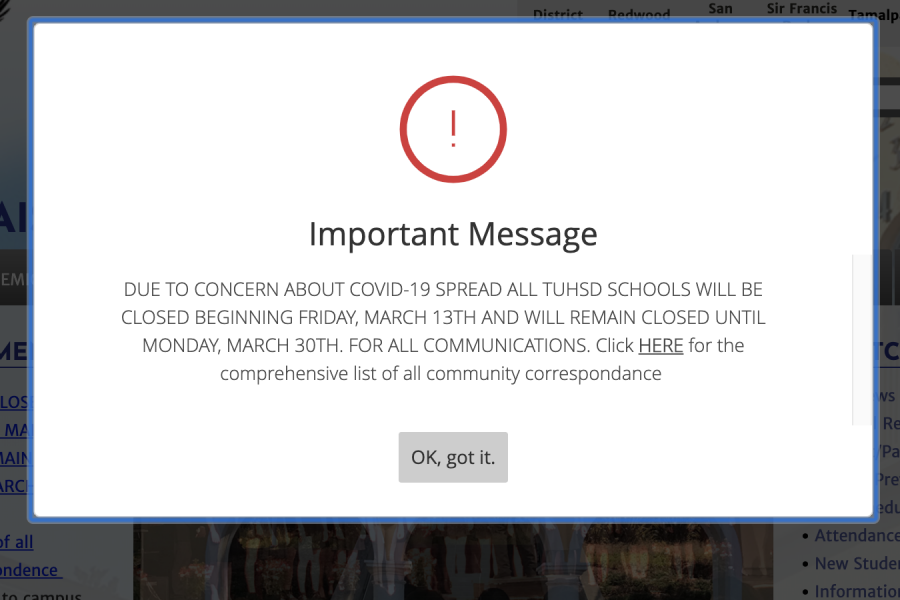 Visitors to district websites were met with an alert describing the shutdown. (Tamalpais Union High School District)