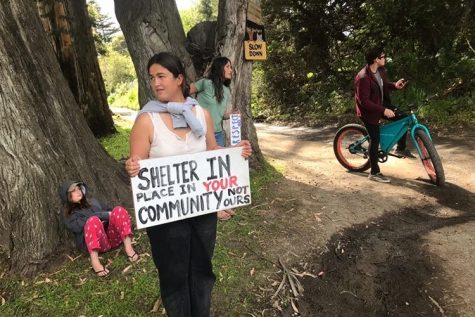 Bolinas residents protest tourists at the intersection of Mesa Road and Olema Bolinas Road. (Courtesy of Lucian Patton)