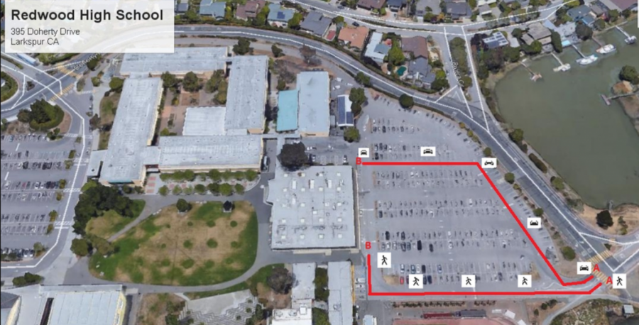 The district provided a map of the Redwood High School campus laying out how students should pick-up meals. (Tamalpais Union High School District)