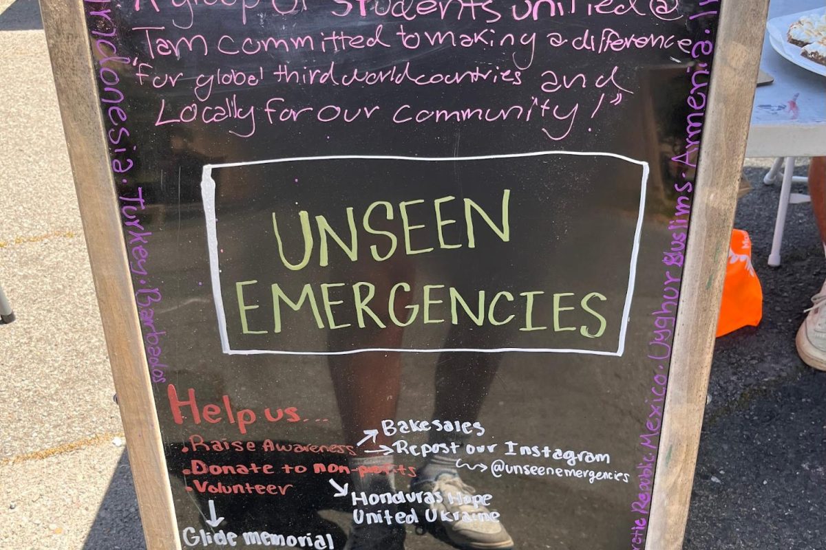 Unseen Emergencies, a club at Tamalpais High School that spreads awareness of global political issues, set up a booth and sign at Diversity Day.