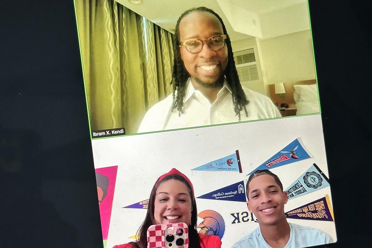 Ibram X. Kendi (above) participated in a BSU-led webinar on the topic of racism with BSU Co-president Auvin Cole (lower right) and Assistant Superintendent Kelly Lara (lower left).
