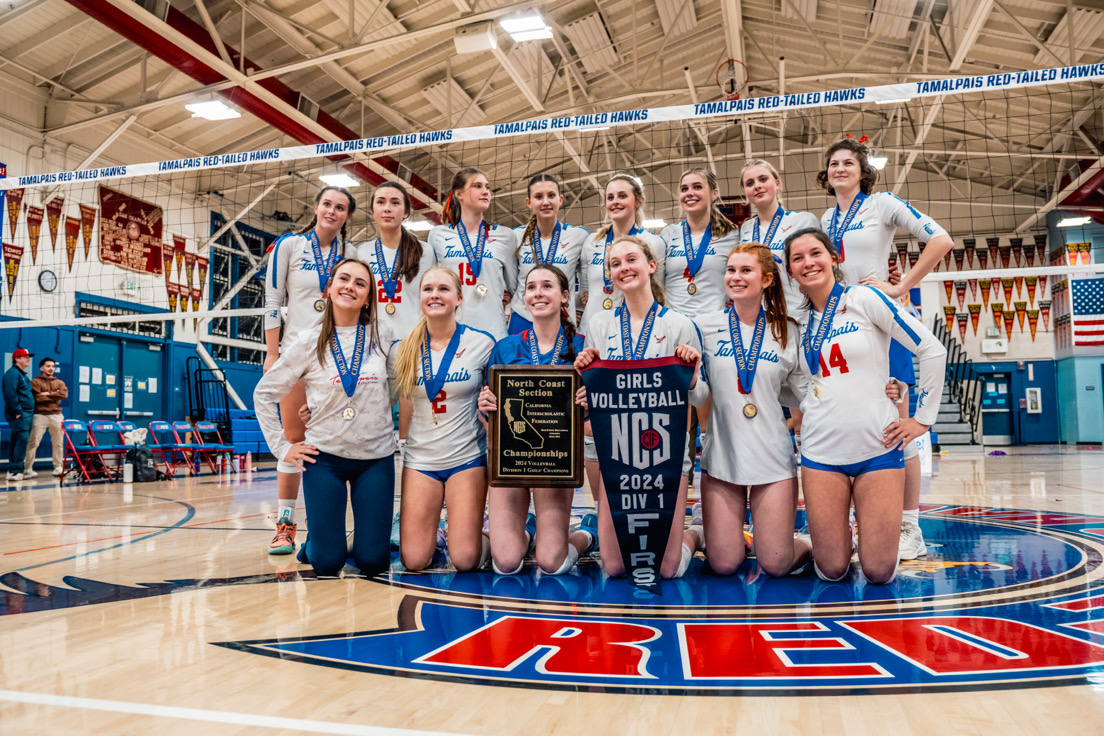 The Tam girls' volleyball team poses following their NCS title win against Campolindo.